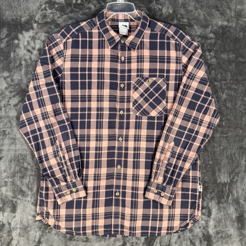 The North Face Shirt Mens XL Blue & Salmon Plaid Long Sleeve Button Up Cotton